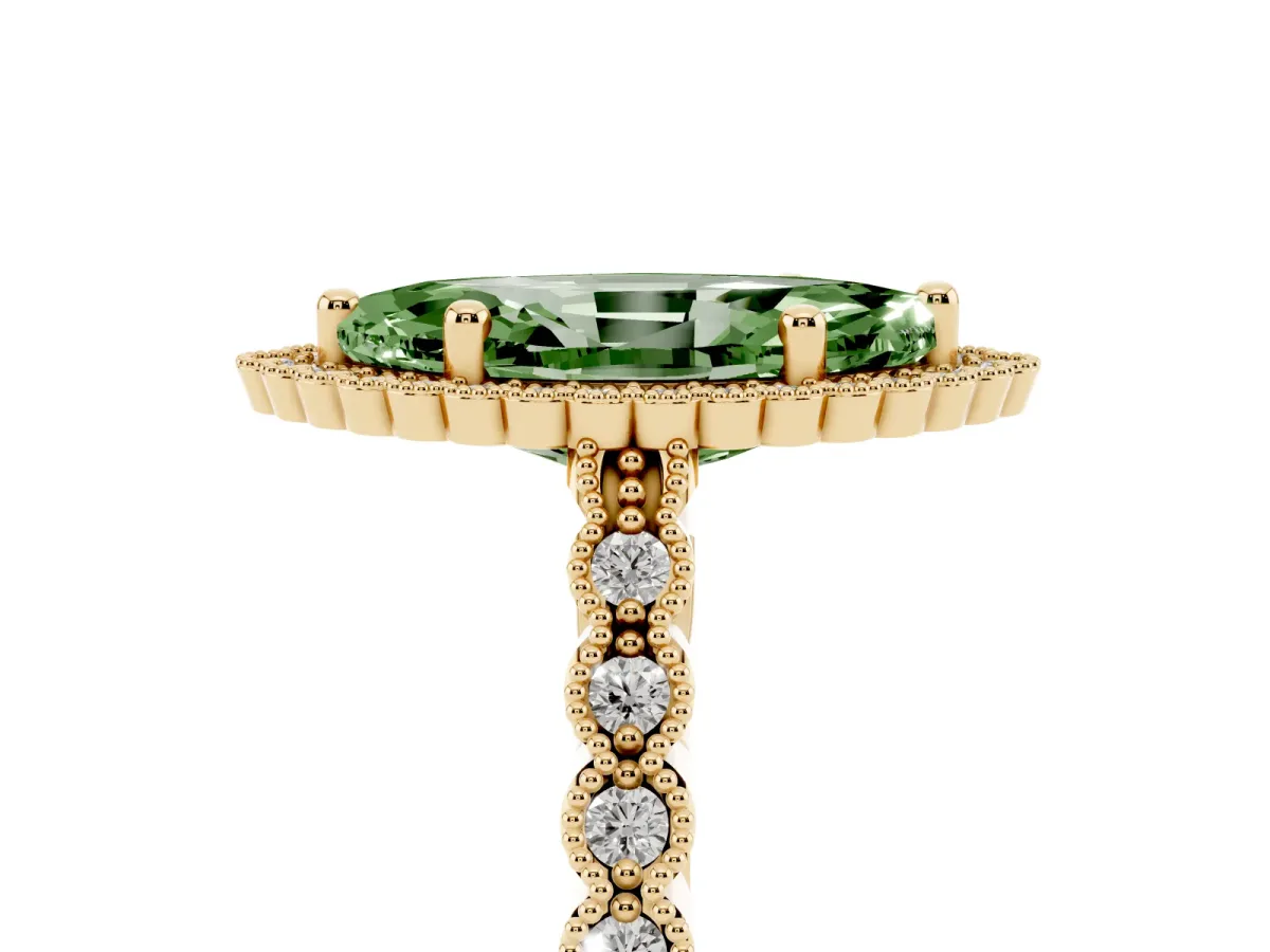 Fancy Green Marquise Cut Cut Halo Pavé Solitaire Ring with Milgrain Band Yellow gold