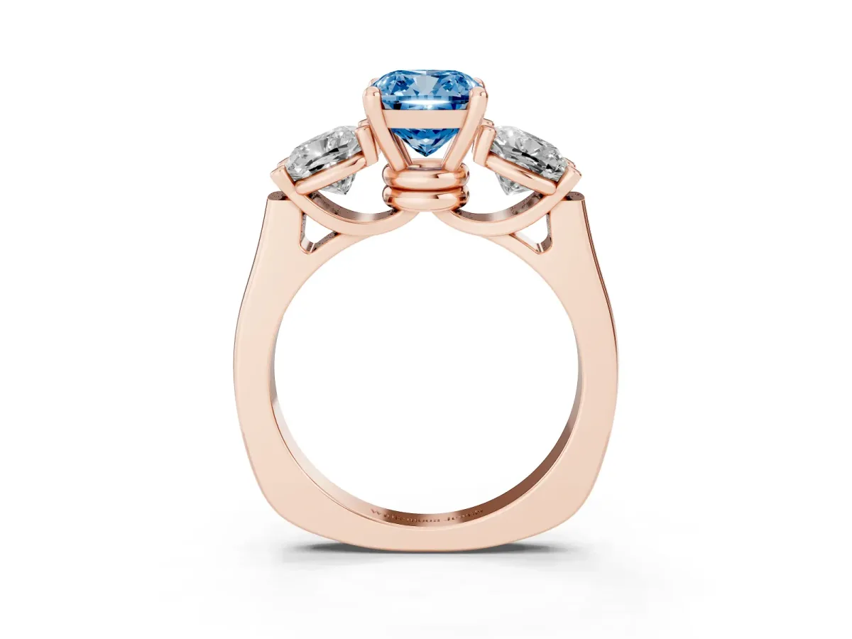 Fancy Blue Three-Stone Cushion Cut Brilliant Diamond Trellis Ring with Comfort Fit Band Rose gold