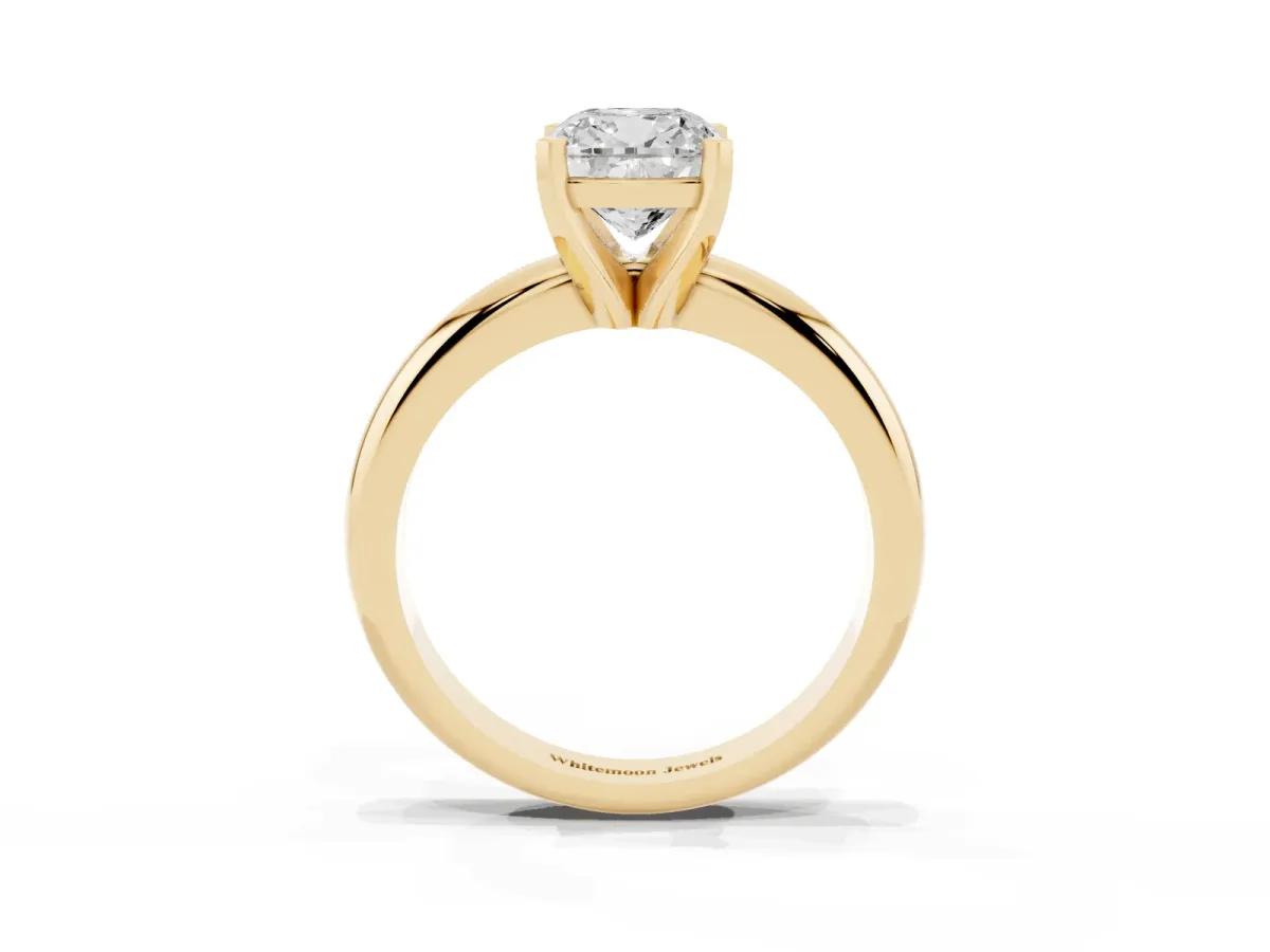 Cushion Cut Diamond Solitaire Engagement Ring with Round Band and Four-Prong Setting Yellow gold