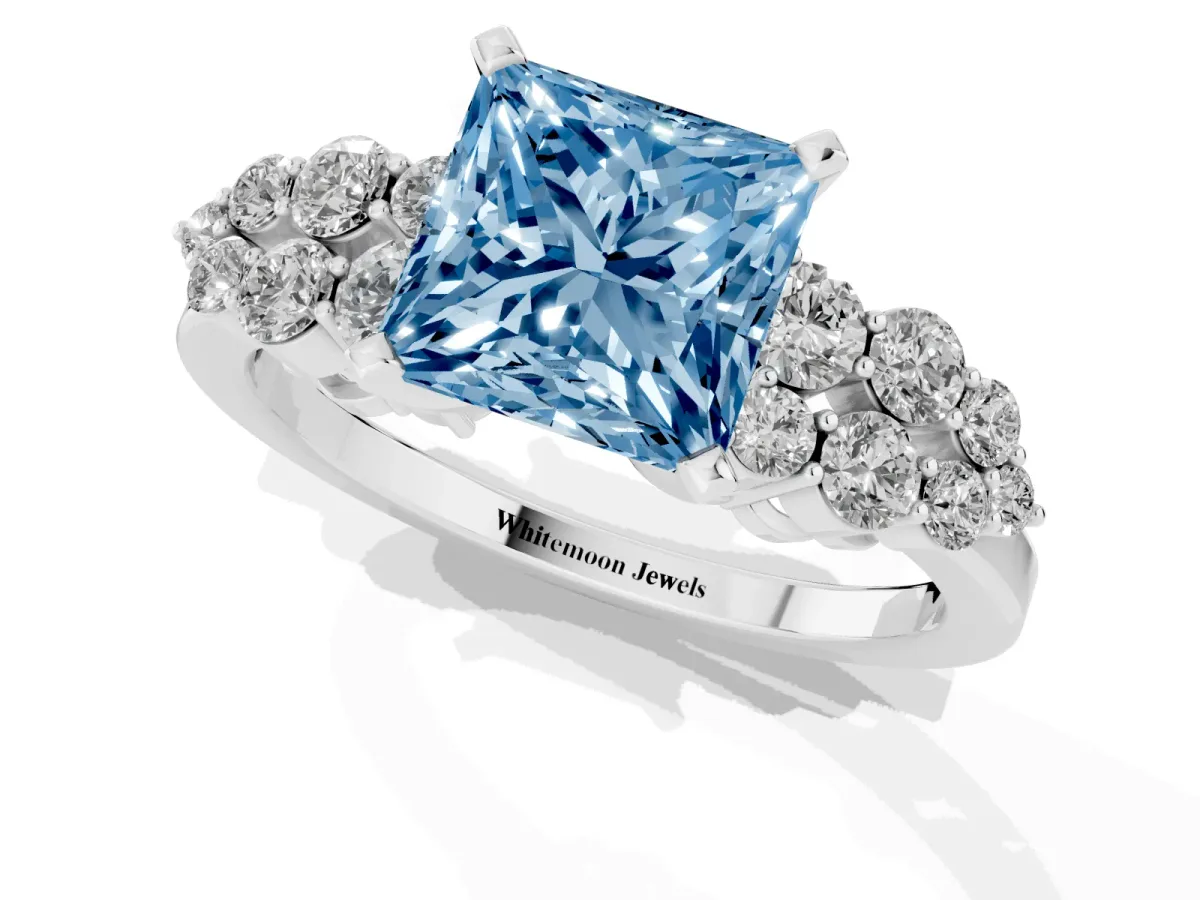 Fancy Blue Princess Cut Cluster Diamond Engagement Ring with Pavé Band and Four-Prong Setting Silver