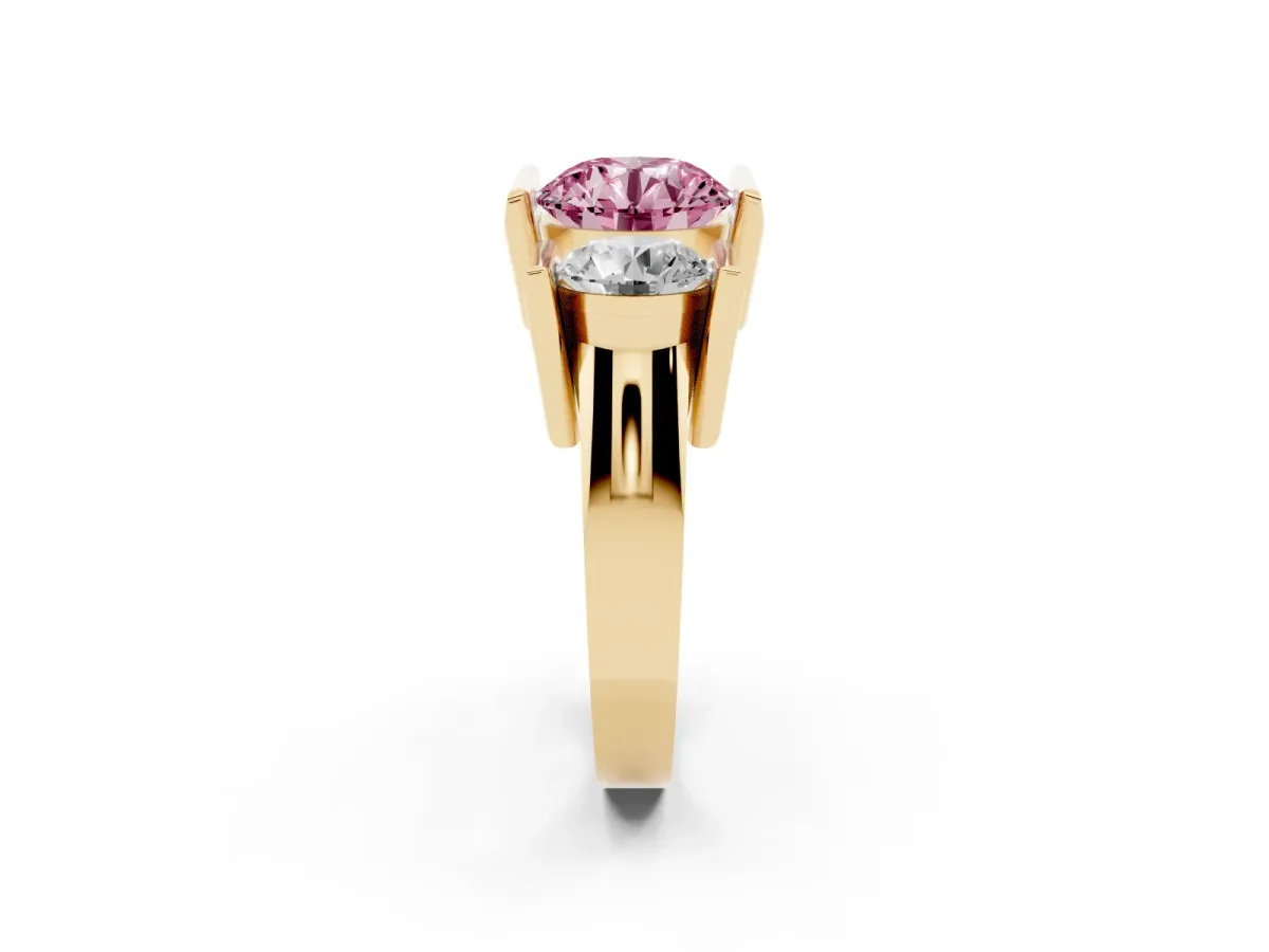 Fancy Pink Three Stone Round Cut Cut Channel Set Diamond Ring Yellow gold
