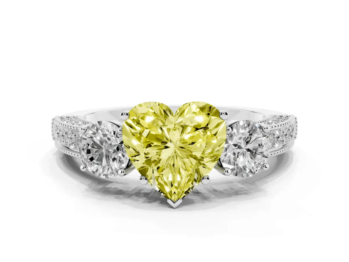Fancy Yellow Heart Cut Three-Stone Diamond Ring with Pavé Band and Four-Prong Setting Silver
