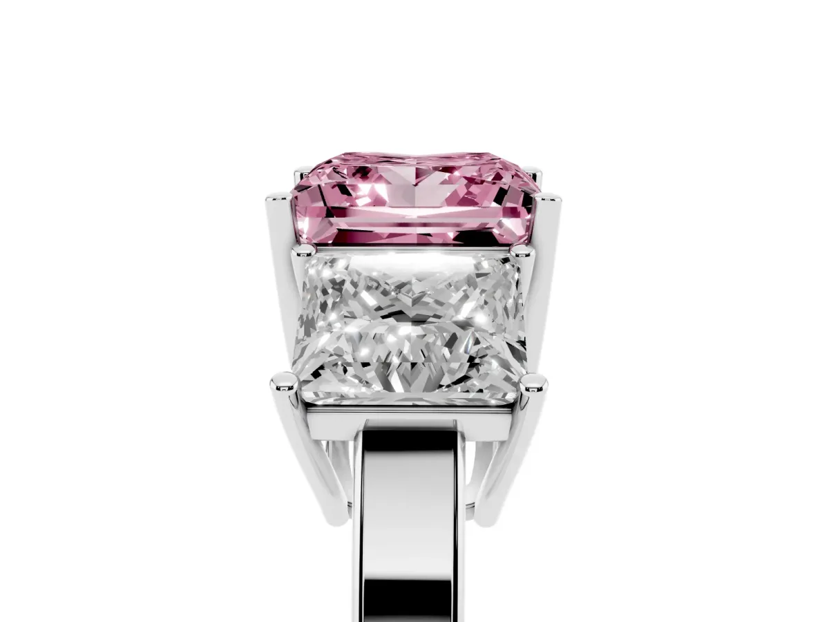 Fancy Pink Three-Stone Princess Cut Cut Diamond Engagement Ring with Flat Band and Four-Prong Setting White gold