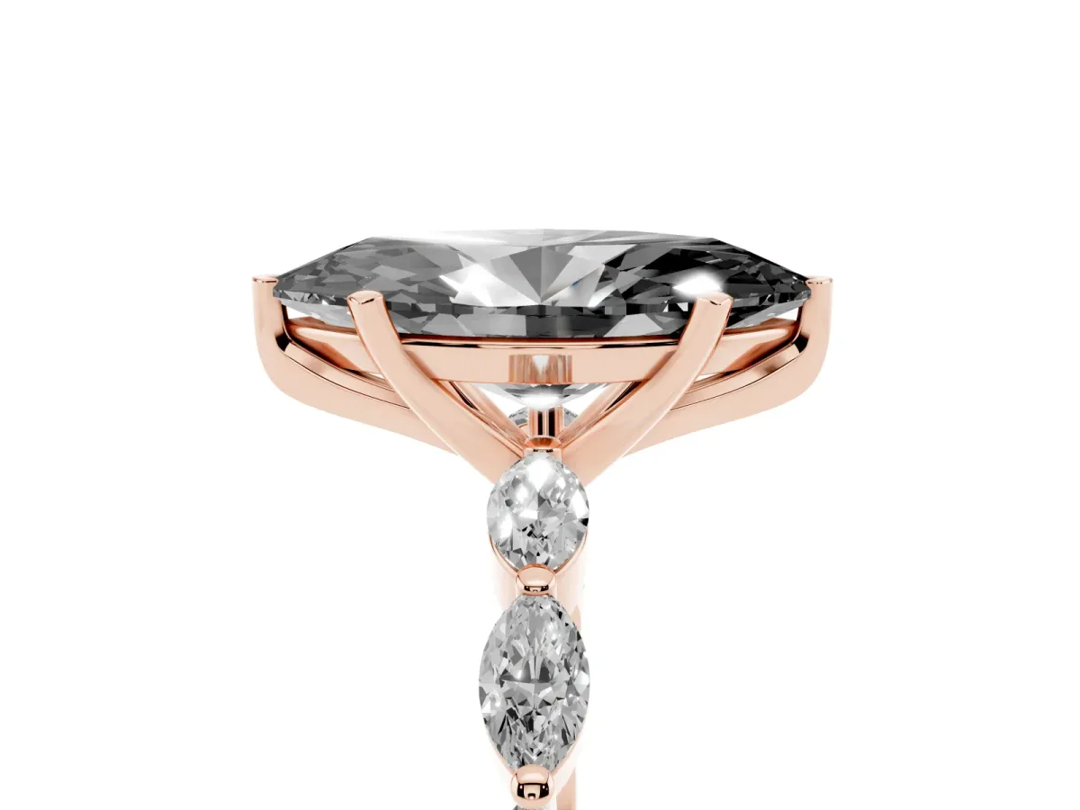 Fancy Black Marquise Cut Diamond Ring with Marquise Side Stones and Prong Setting Rose gold
