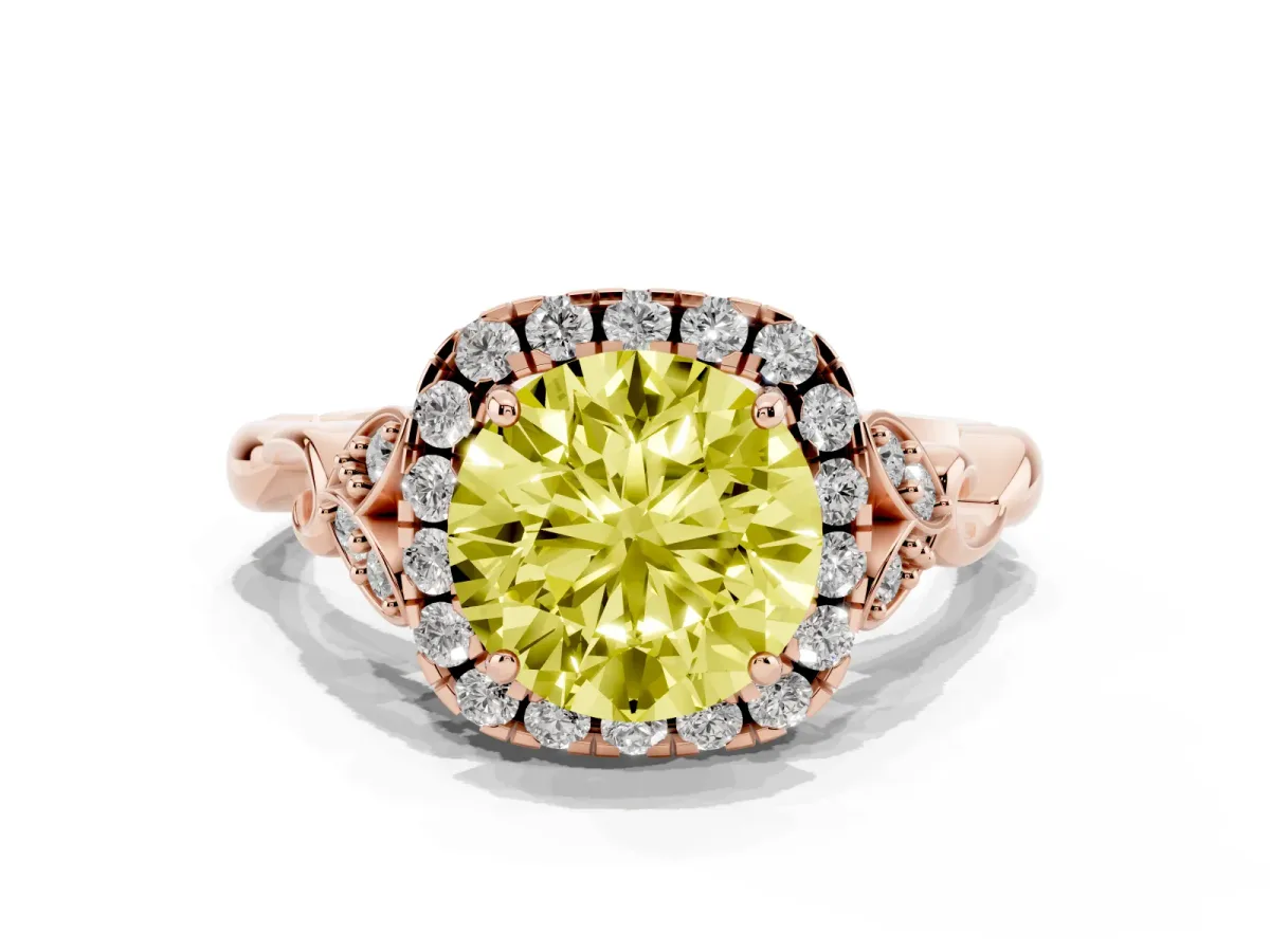 Fancy Yellow Round Cut Halo Diamond Engagement Ring with Vintage-Inspired Band and Four-Prong Setting Rose gold
