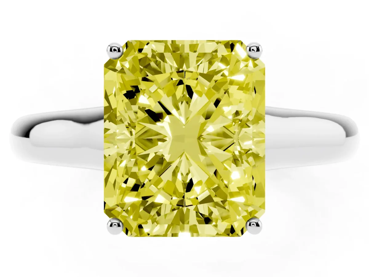 Fancy Yellow Radiant Cut Solitaire Engagement Ring with Tapered Band and Four-Prong Setting Silver