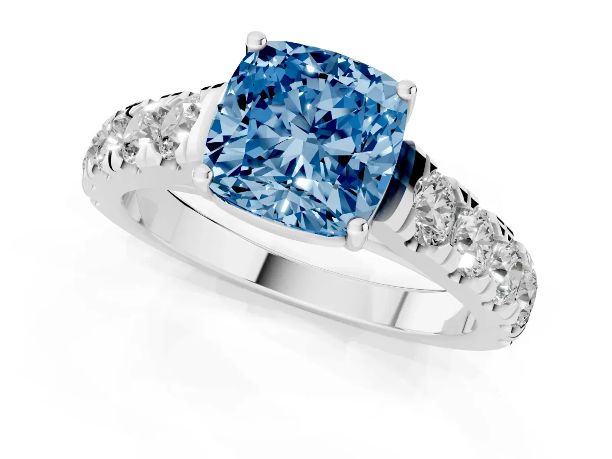 Fancy Blue Cushion Cut Cut Diamond Solitaire Ring with Micro Pave Band and Prong Setting Platinum