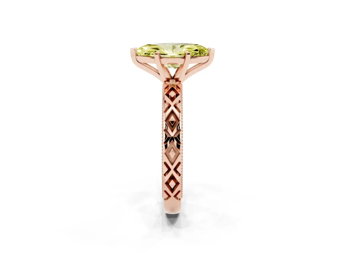 Fancy Yellow Marquise Cut Solitaire Diamond Ring with Milgrain and Black Enamel X Pattern Band Rose gold