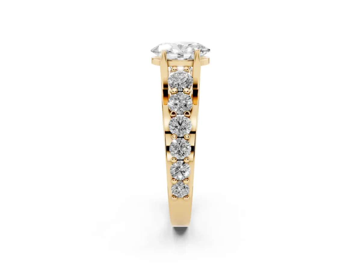Oval Cut Diamond Engagement Ring with Pavé Band and Four-Prong Setting Yellow gold