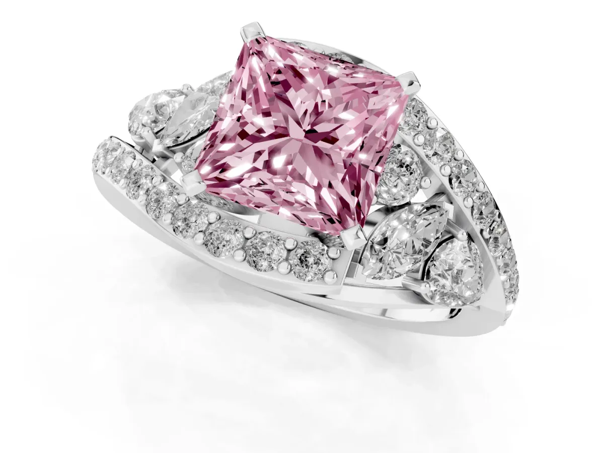 Fancy Pink Princess Cut Diamond Halo Ring with Marquise and Pavé Band in Prong Setting White gold