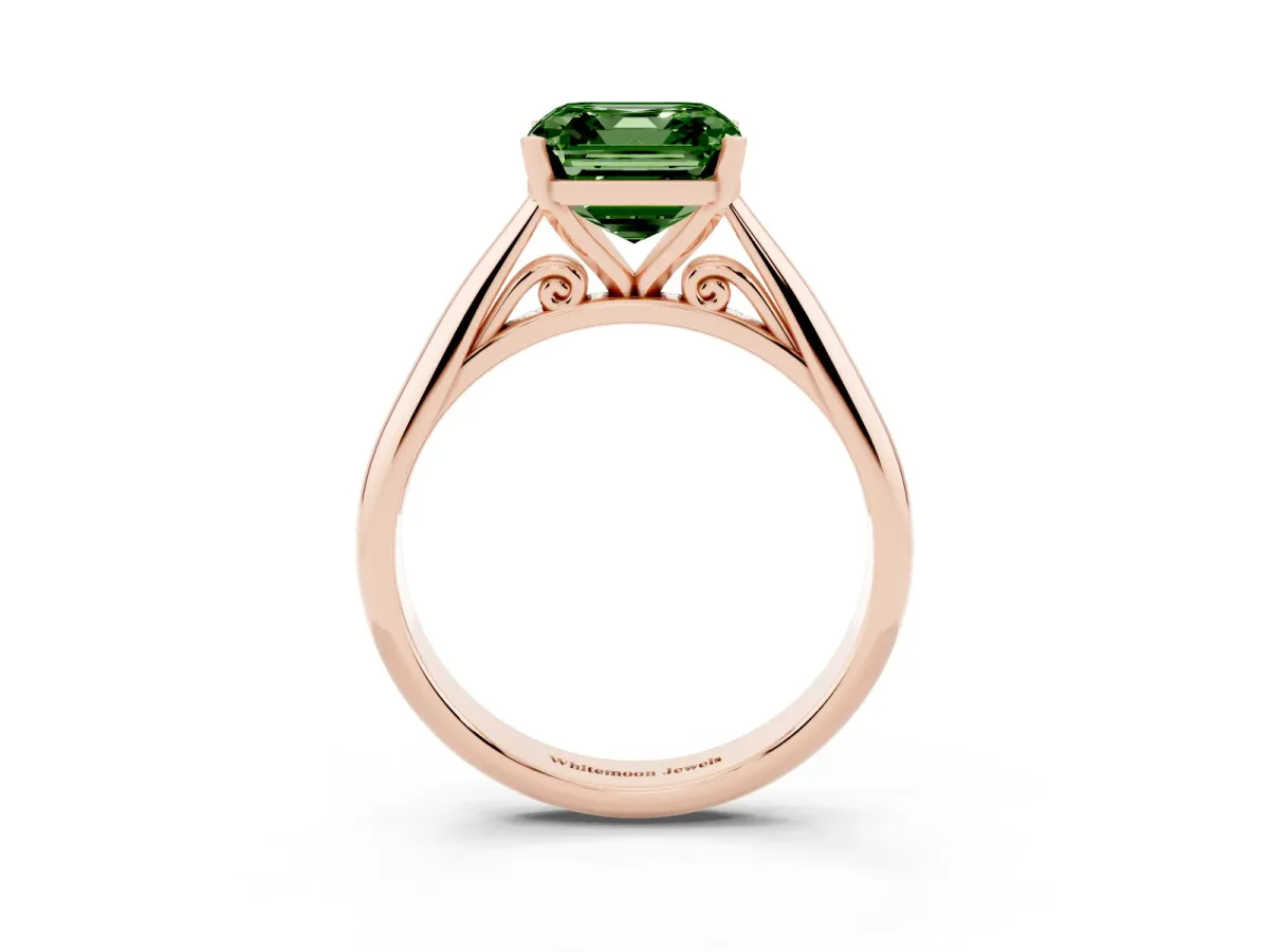 Fancy Green Asscher Cut Diamond Solitaire Engagement Ring with Cathedral Setting and Four-Prong Mount Rose gold