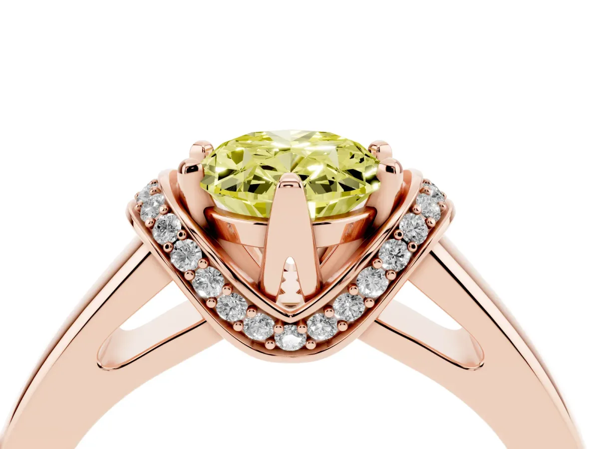 Fancy Yellow Oval Cut Solitaire Diamond Ring with Pave Band and Six-Prong Setting Rose gold