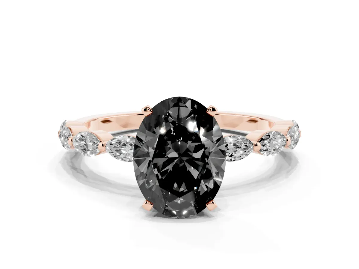 Fancy Black Oval Cut Diamond Ring with Marquise Side Stones and Prong Setting Rose gold