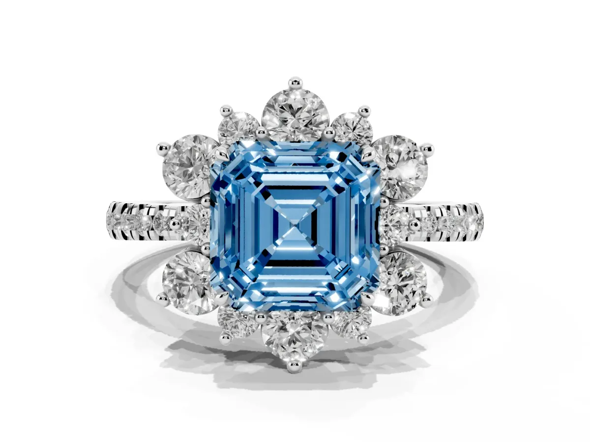 Fancy Blue Asscher Cut Diamond Floral Halo Ring with Round Pavé Band and Prong Setting Platinum