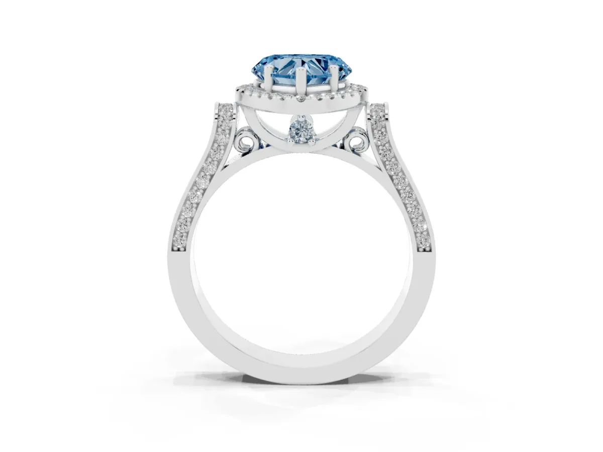 Fancy Blue Heart Cut Halo Round Diamond Twist Band with Four-Prong Setting Silver