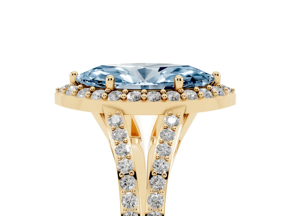 Fancy Blue Marquise Cut Halo Split Shank Diamond Ring with Prong Setting Yellow gold