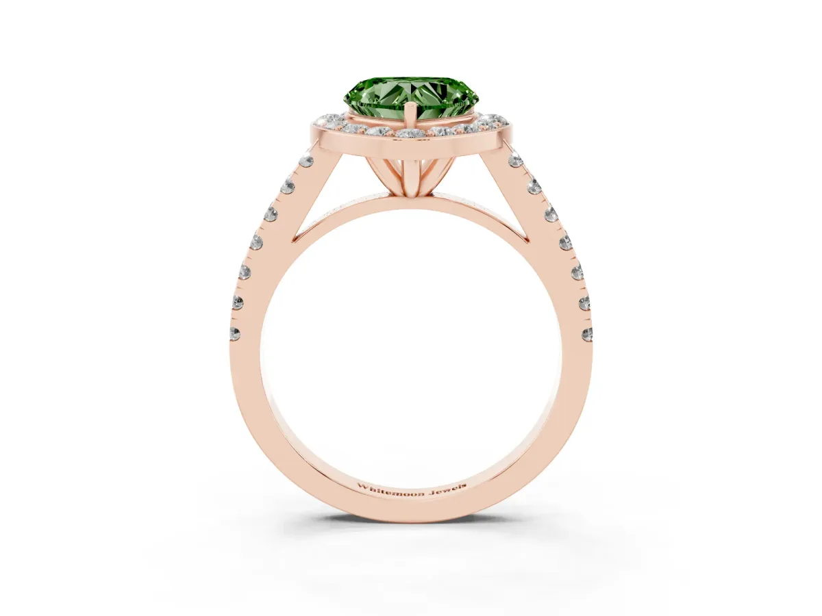 Fancy Green Heart Cut Diamond Halo Ring with Round Pavé Split Shank and Prong Setting Rose gold
