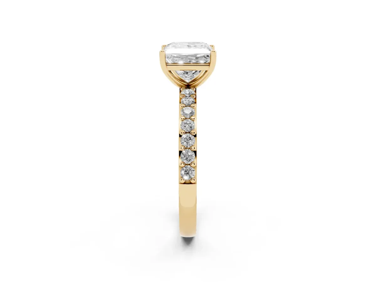 Princess Cut Cut Diamond Solitaire with Pave Band and Four-Prong Setting Yellow gold