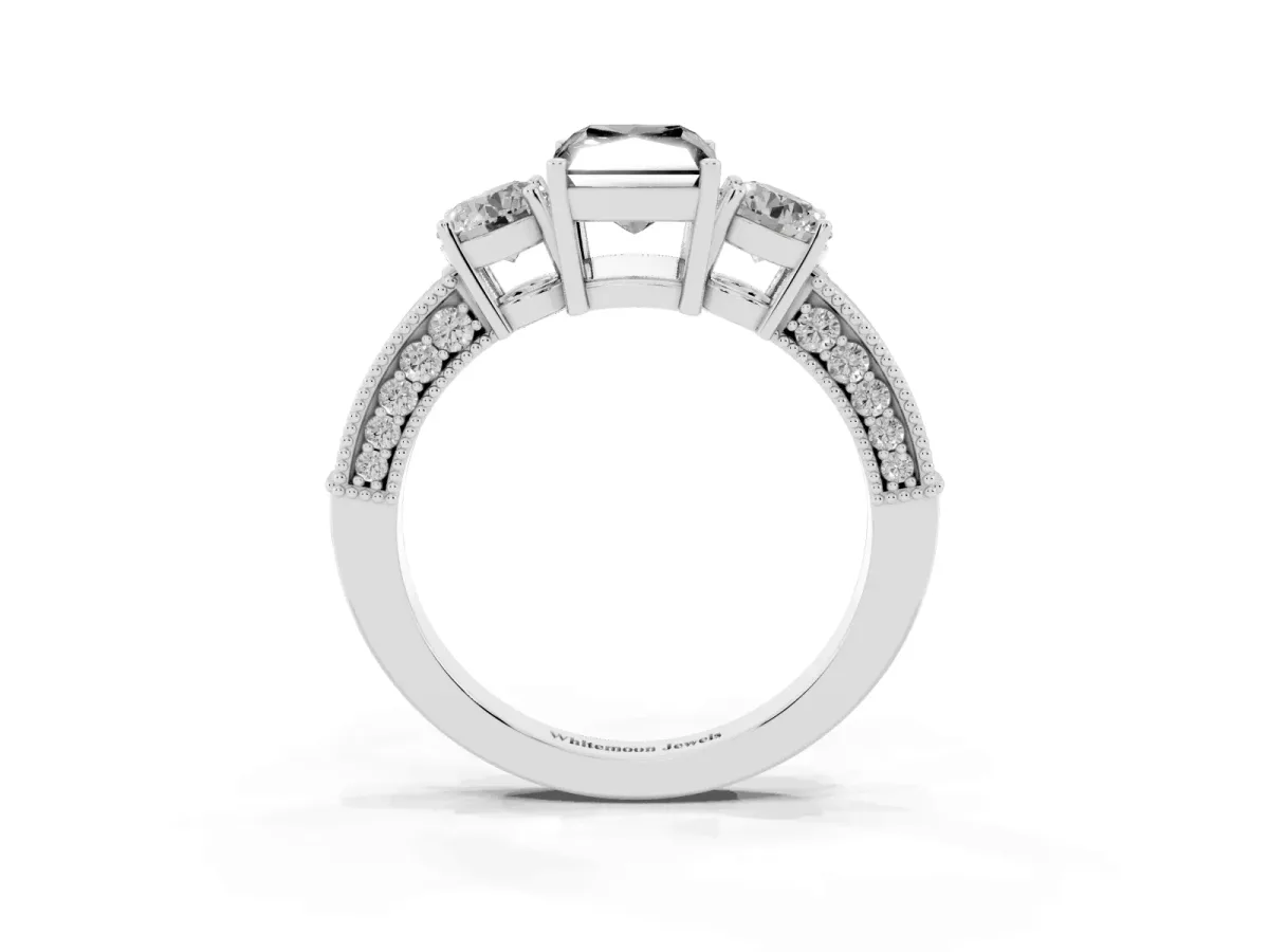 Fancy Black Radiant Cut Three-Stone Diamond Ring with Pavé Band and Four-Prong Setting Silver