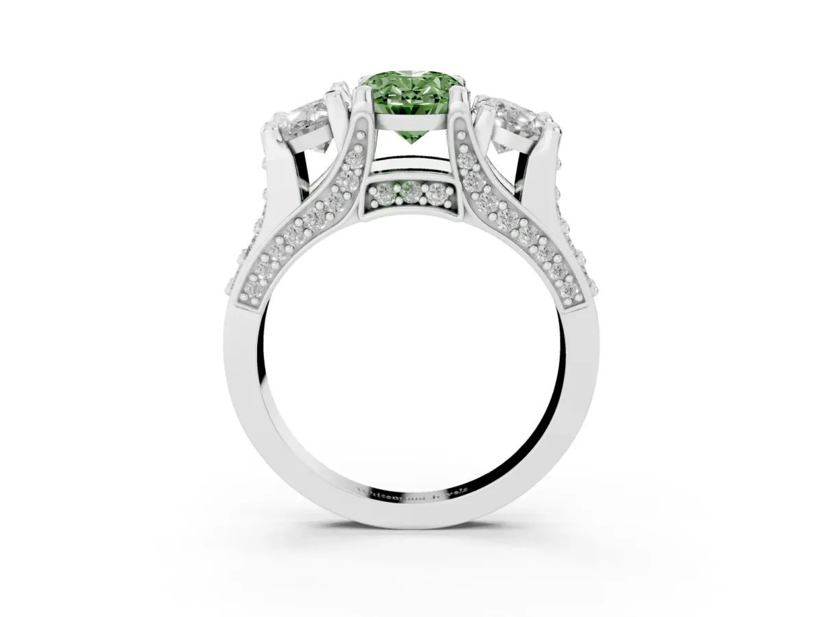 Fancy Green Oval Cut Diamond Three-Stone Ring with Channel Set Band and Four-Prong Setting Silver
