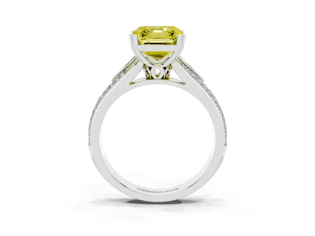 Fancy Yellow Asscher Cut Diamond Split Shank Engagement Ring with Pavé Band Silver