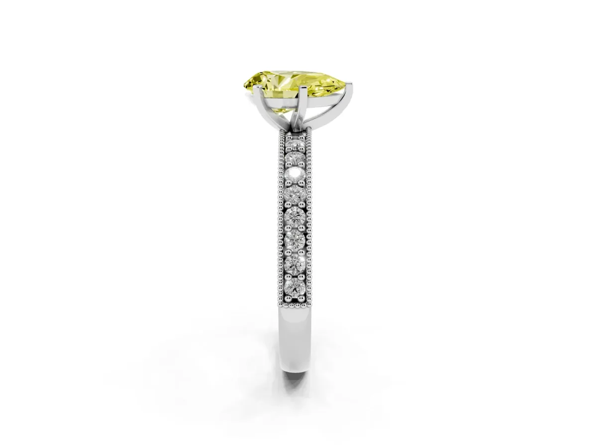 Fancy Yellow Pear Cut Diamond Milgrain Pavé Engagement Ring with Four-Prong Setting Silver