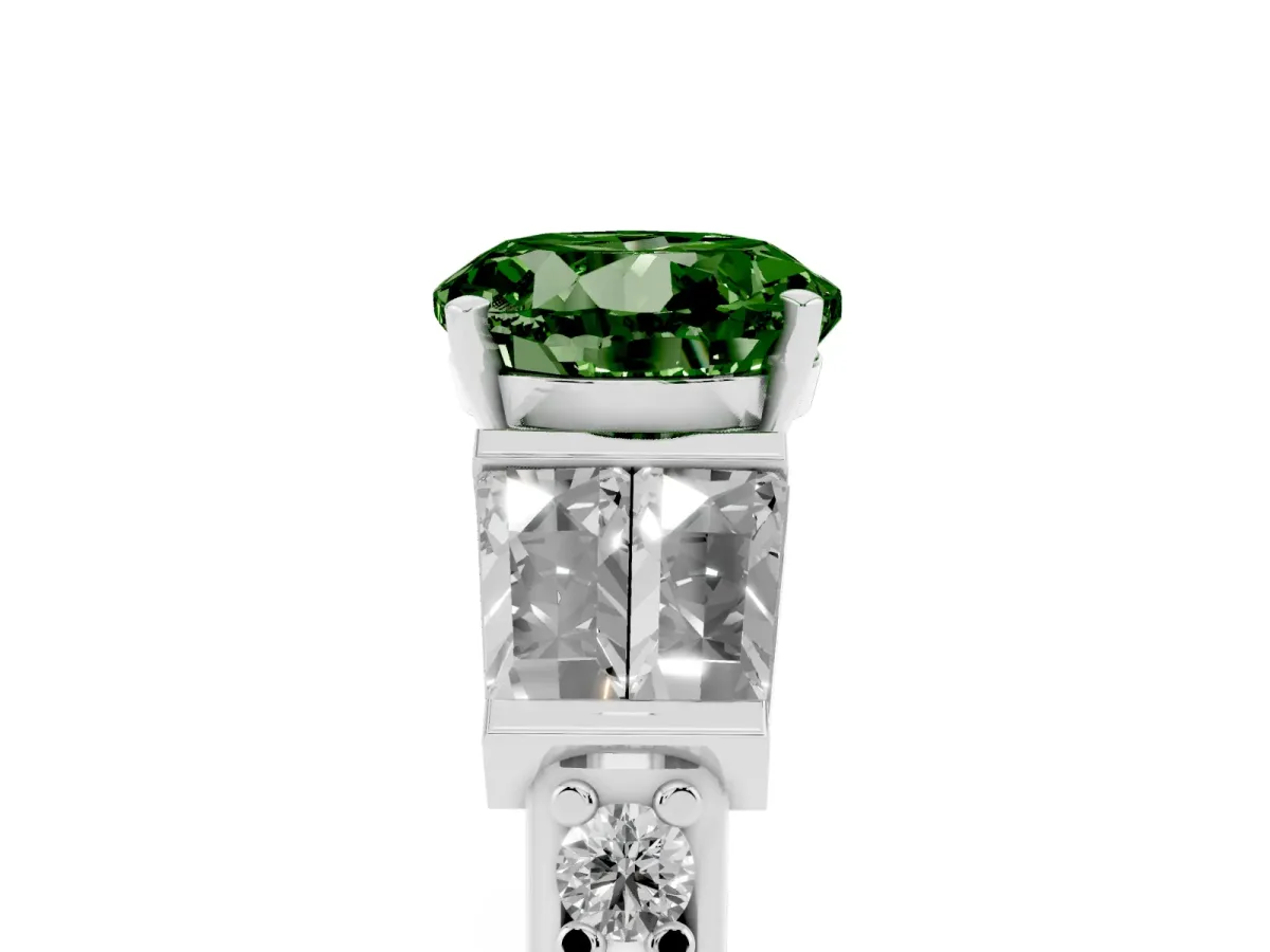 Fancy Green Round Cut Diamond Engagement Ring with Baguette Side Stones and Channel Set Band Silver