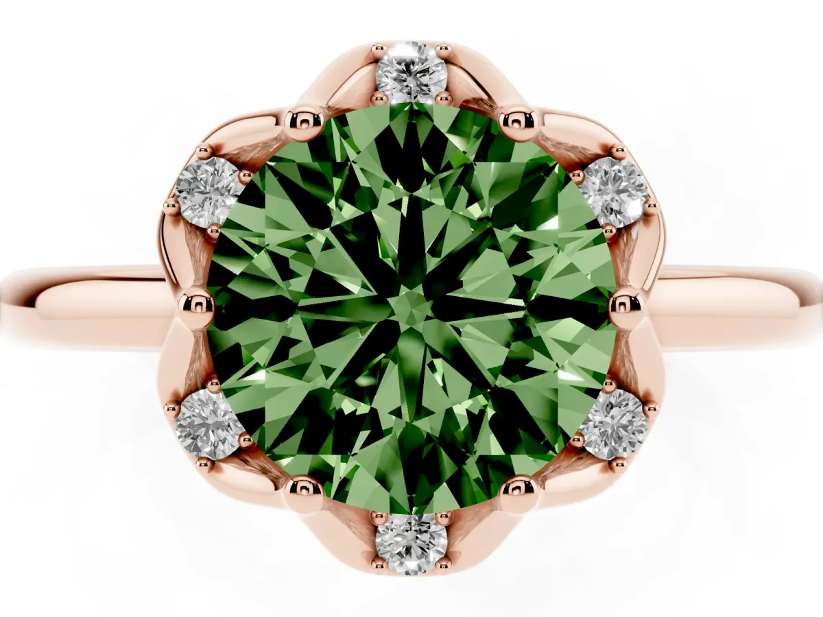 Fancy Green Round Cut Halo Diamond Ring with Round Cluster Setting, Solitaire Band, and Four-Prong Setting Rose gold