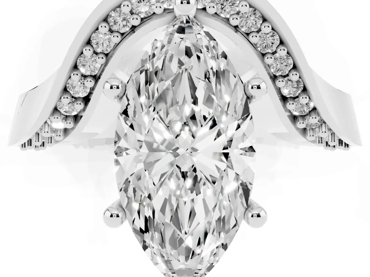 Marquise Cut Solitaire Diamond Engagement Ring with Pave Band and Four-Prong Setting Platinum