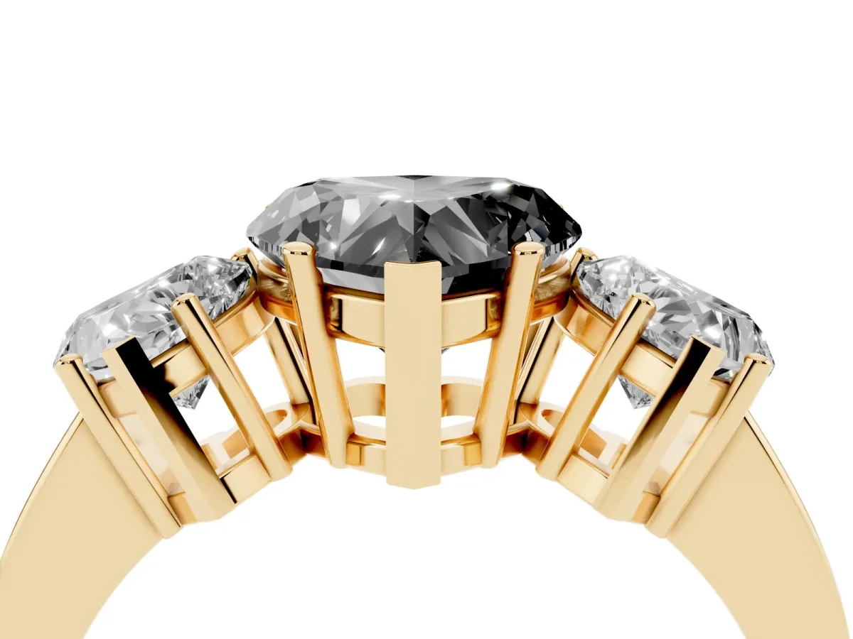 Fancy Black Three-Stone Heart Cut Cut Diamond Engagement Ring with Flat Band and Four-Prong Setting Yellow gold