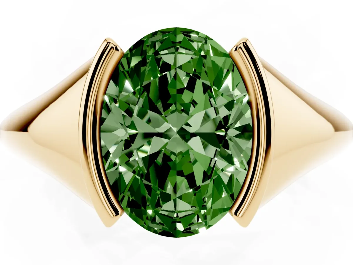 Fancy Green Oval Cut Solitaire Tension Set Diamond Ring Yellow gold