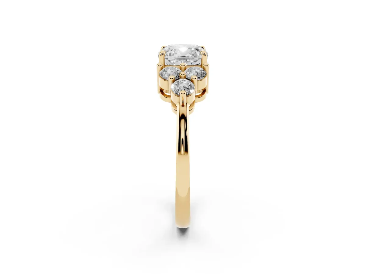 Cushion Cut Brilliant Diamond Cluster Accent Solitaire Ring with Prong Setting Yellow gold