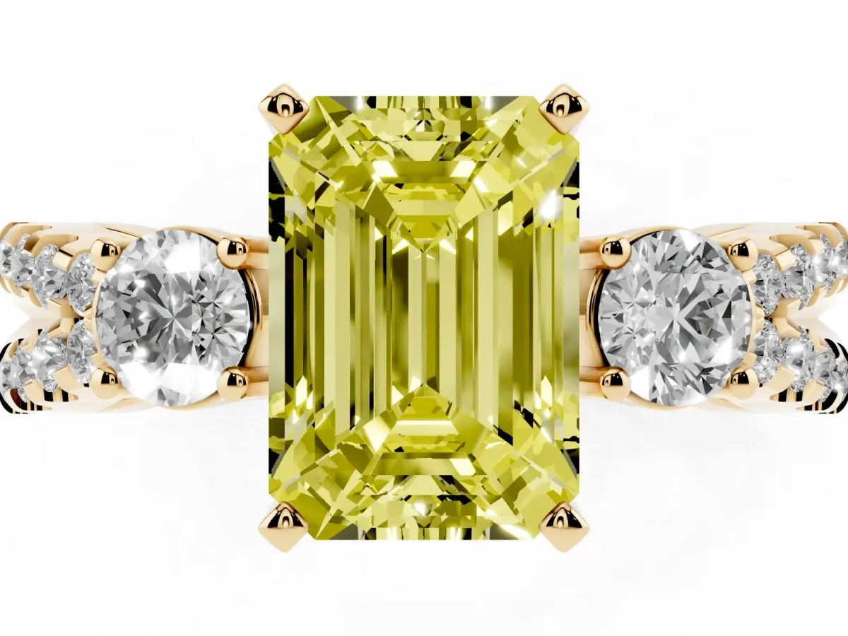 Fancy Yellow Emerald Cut Diamond Three-Stone Ring with Pavé Split Shank and Four-Prong Setting Yellow gold
