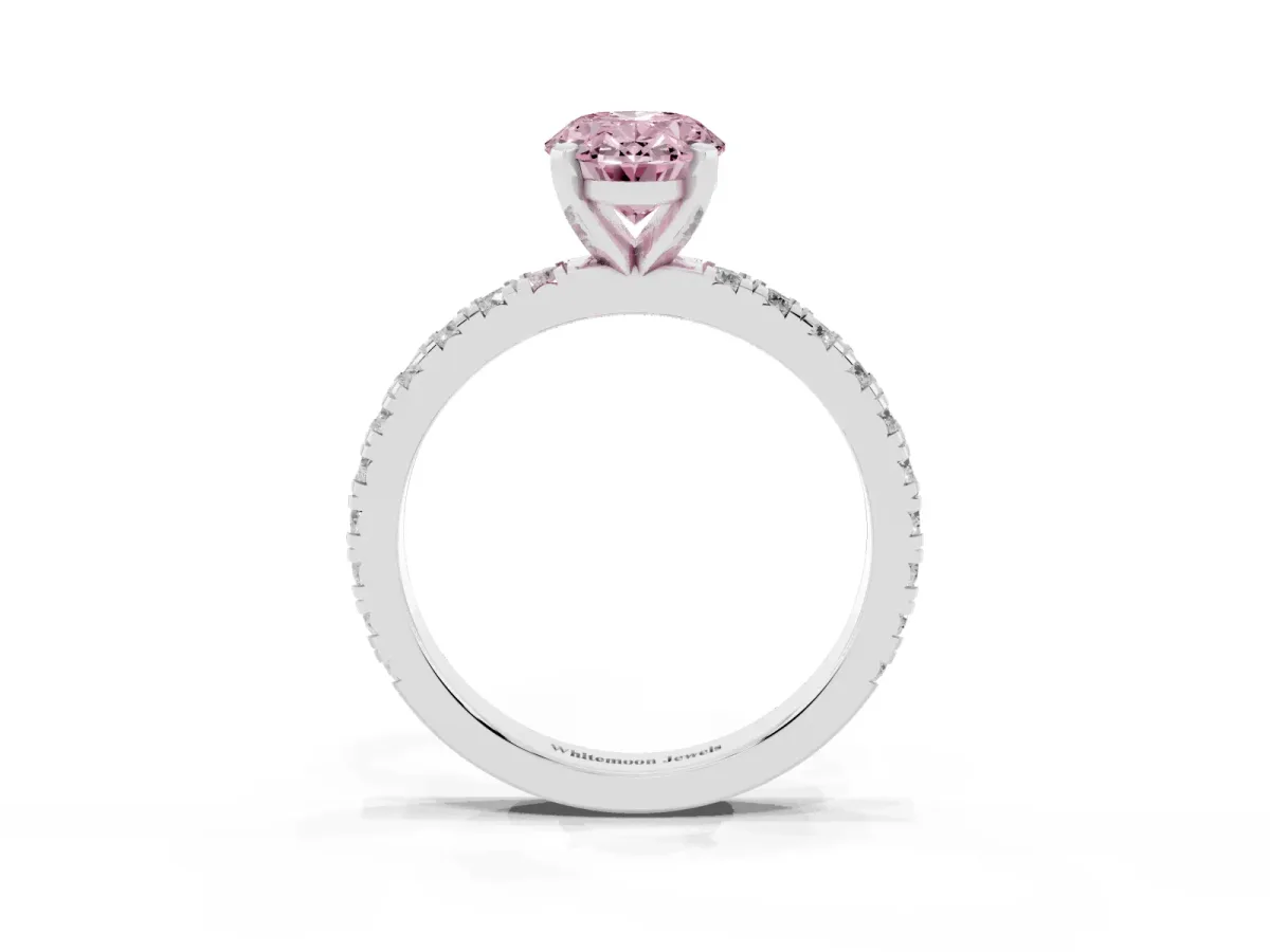 Fancy Pink Oval Cut Diamond Pavé Band Solitaire with Four-Prong Setting Platinum