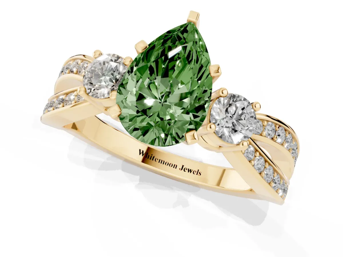 Fancy Green Three-Stone Pear Cut Cut Diamond Twist Band with Prong Setting Yellow gold