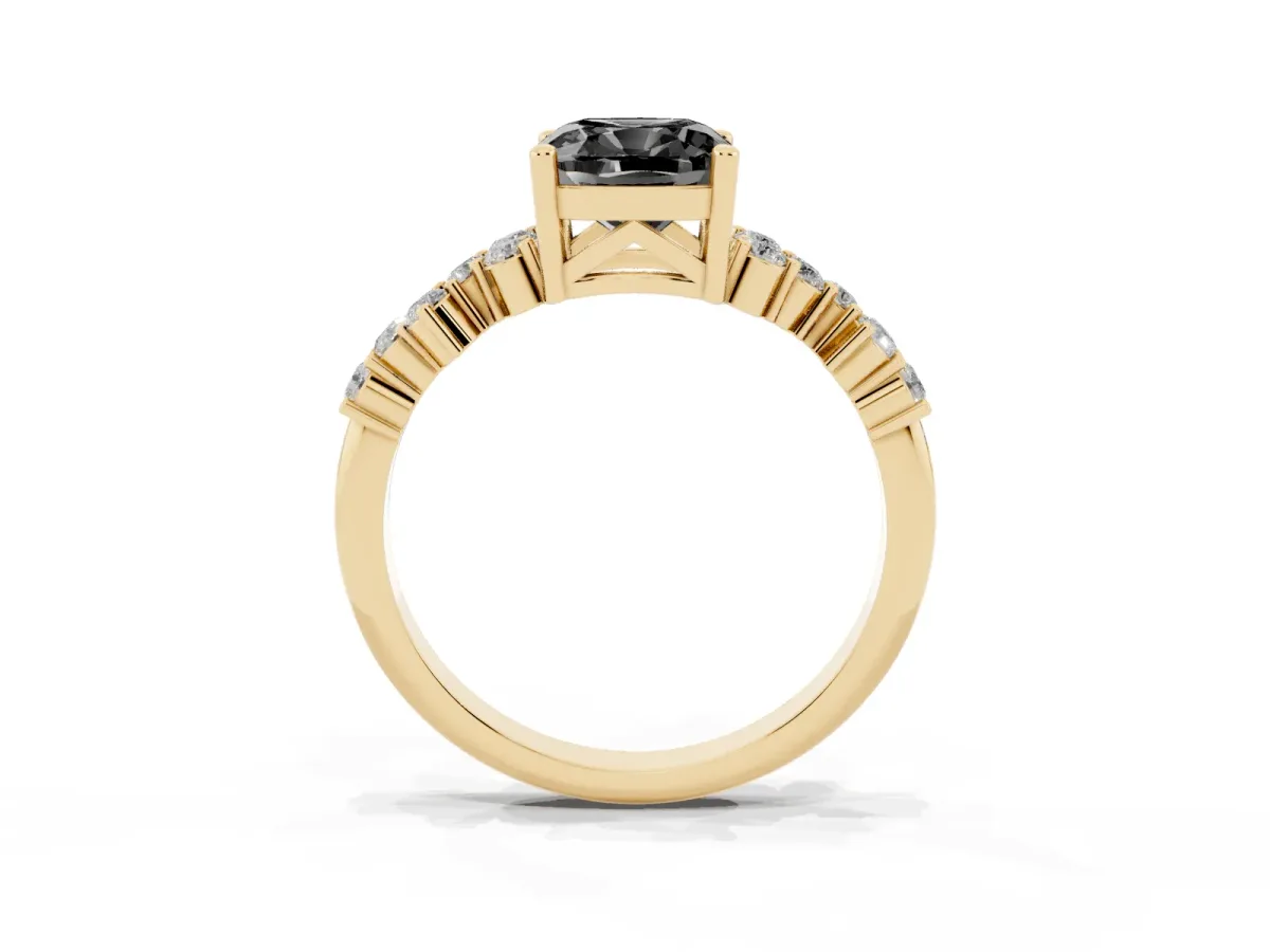Fancy Black Cushion Cut Diamond Scattered Round Accent Ring with Prong Setting Yellow gold