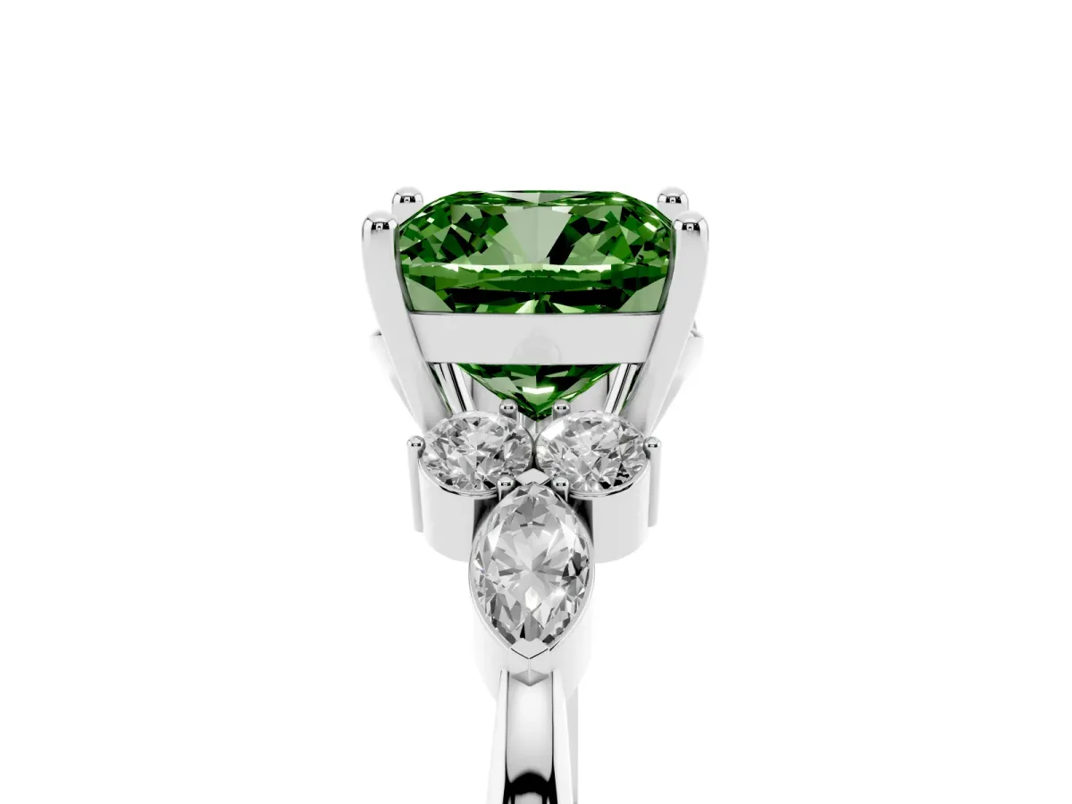 Fancy Green Cushion Cut Brilliant Diamond Solitaire Ring with Pear Side Stones and Four-Prong Setting Platinum