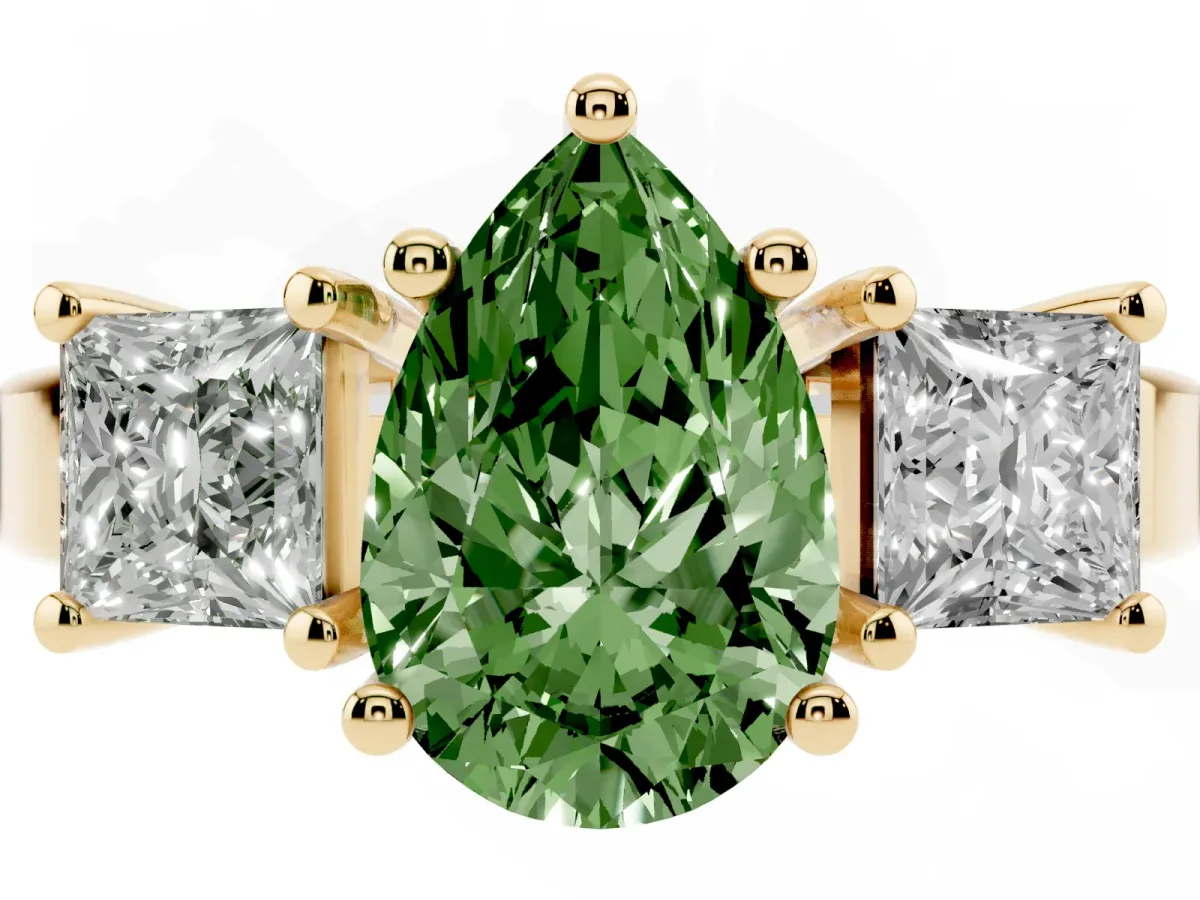 Fancy Green Three-Stone Pear Cut Cut Solitaire Ring with Prong Setting Yellow gold