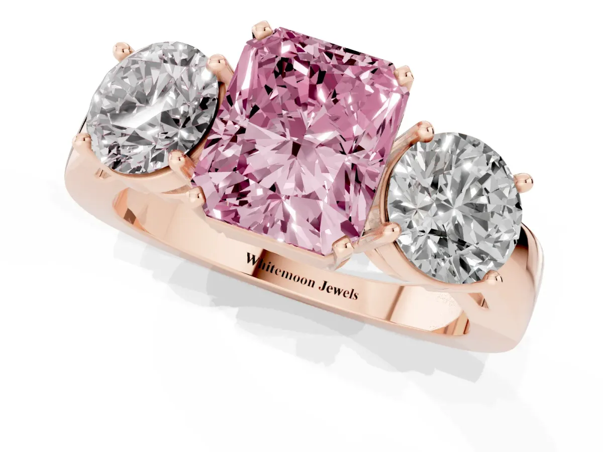 Fancy Pink Three-Stone Radiant Cut Diamond Ring with Round Side Stones, Classic Band, and Four-Prong Setting Rose gold