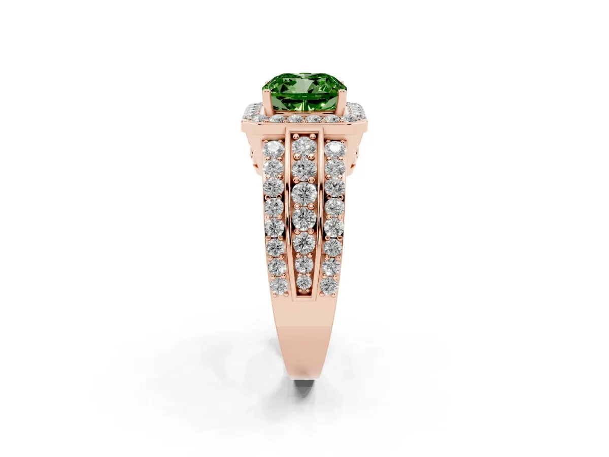 Fancy Green Cushion Cut Halo Diamond Ring with Round Split Shank and Prong Setting Rose gold