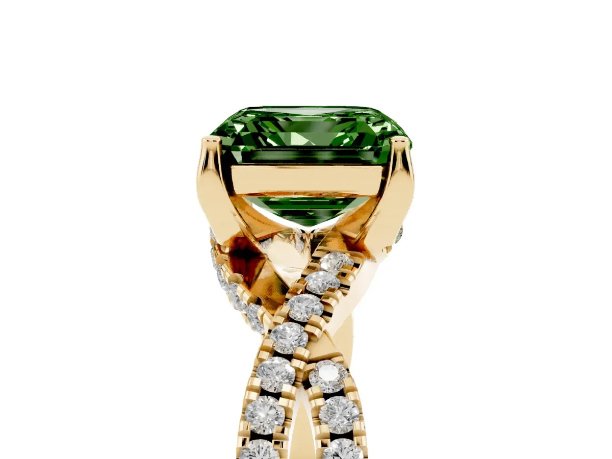 Fancy Green Asscher Cut Solitaire Twist Pave Diamond Engagement Ring with Prong Setting Yellow gold