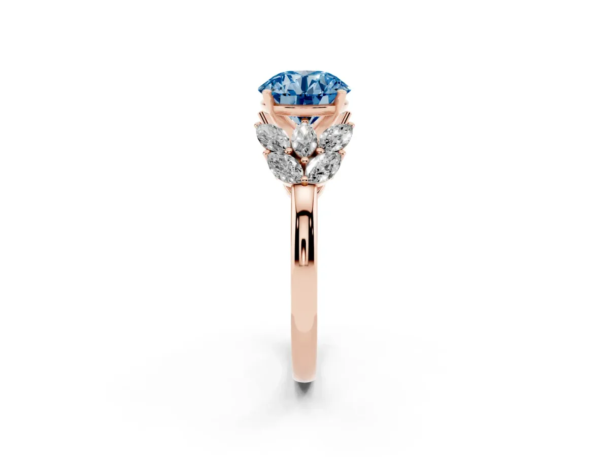 Fancy Blue Round Cut Diamond Cluster Leaf Design Ring with Prong Setting Rose gold
