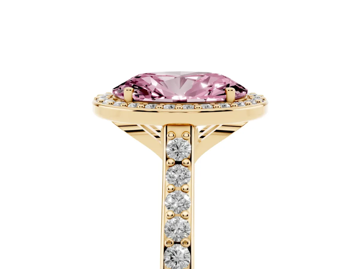 Fancy Pink Oval Cut Diamond Halo Engagement Ring with Round Pavé Shoulders and Prong Setting Yellow gold