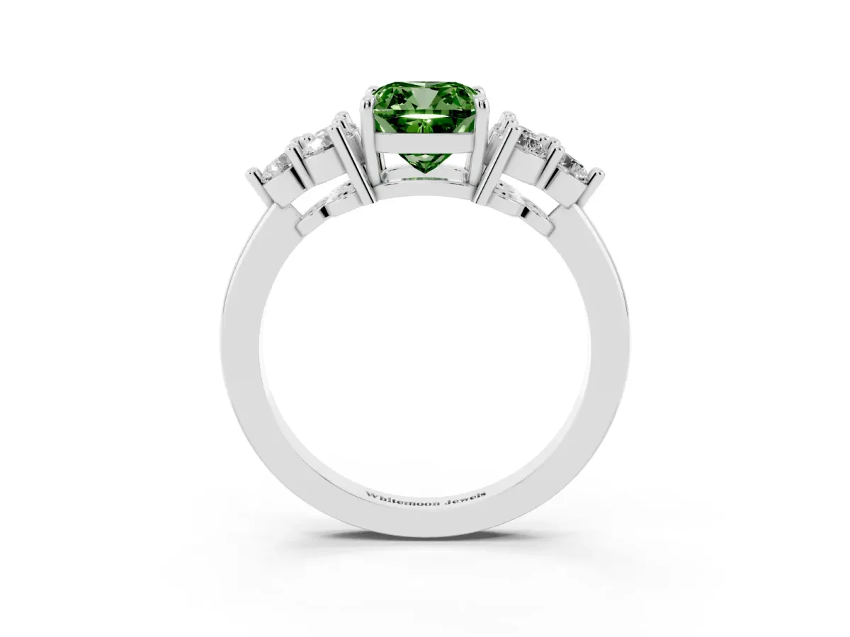 Fancy Green Cushion Cut Brilliant Diamond Cluster Accent Solitaire Ring with Prong Setting Platinum