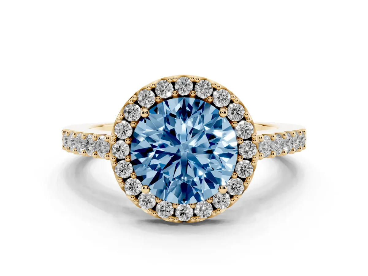 Fancy Blue Round Cut Halo Diamond Pavé Solitaire Ring Yellow gold