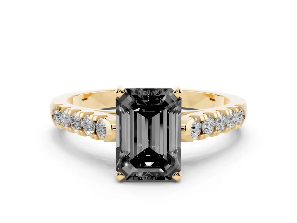 Fancy Black Emerald Cut Diamond Pavé Band Solitaire Ring with Prong Setting Yellow gold