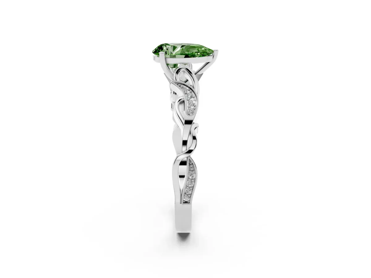 Fancy Green Pear Cut Solitaire Vine Band with Milgrain Prong Setting Silver