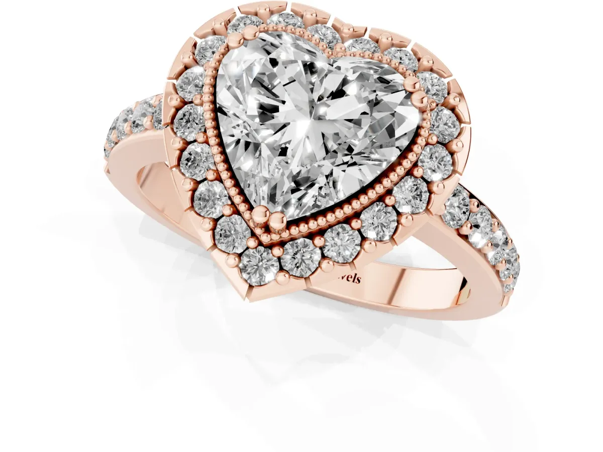 Heart Cut Diamond Halo Ring with Pavé Band and Prong Setting Rose gold