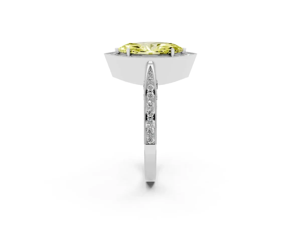 Fancy Yellow Marquise Cut Halo Diamond Engagement Ring with Split Shank Band and Four-Prong Setting Platinum