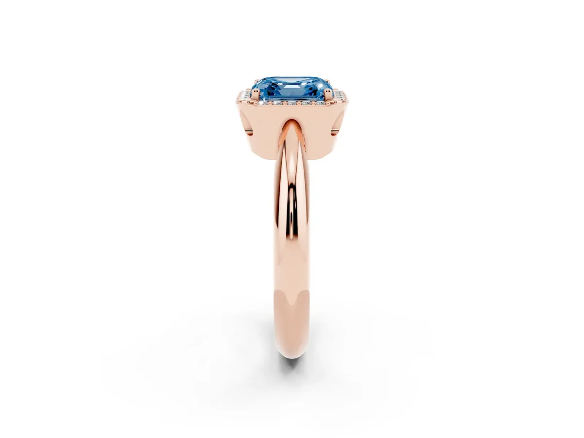 Fancy Blue Asscher Cut Cut Diamond Halo Engagement Ring with Split Shank and Four-Prong Setting Rose gold